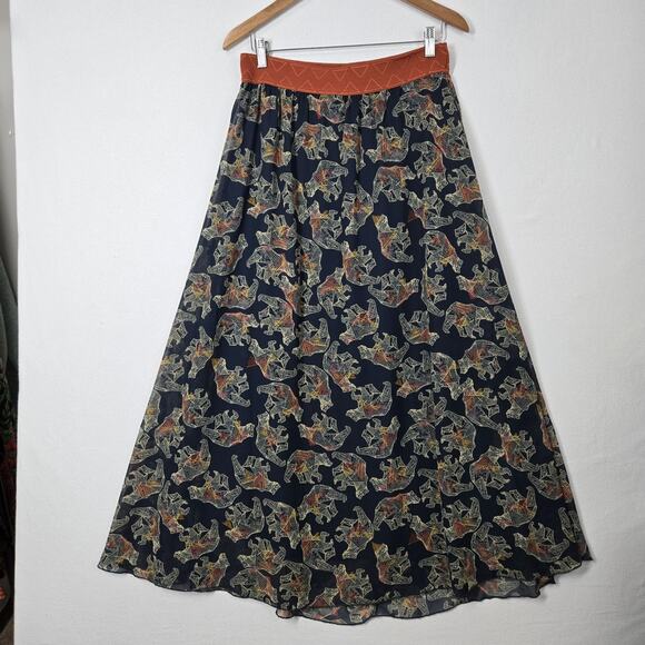 Lularoe Lucy Maxi Swing Skirt sz M Dark Blue Burnt Orange Bear Print - Picture 9 of 9